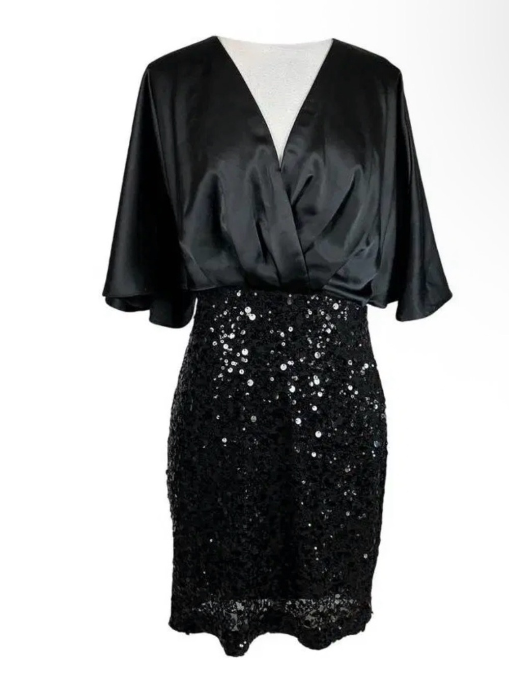 Black Satin kimono Top Sequin cocktail Dress